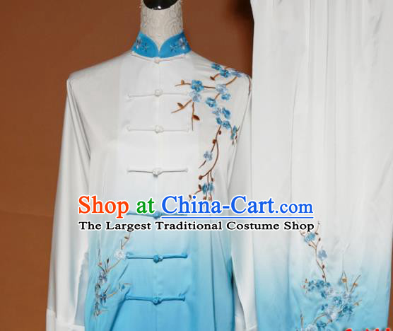 Top Tai Ji Training Embroidered Plum Blossom Blue Uniform Kung Fu Group Competition Costume for Women