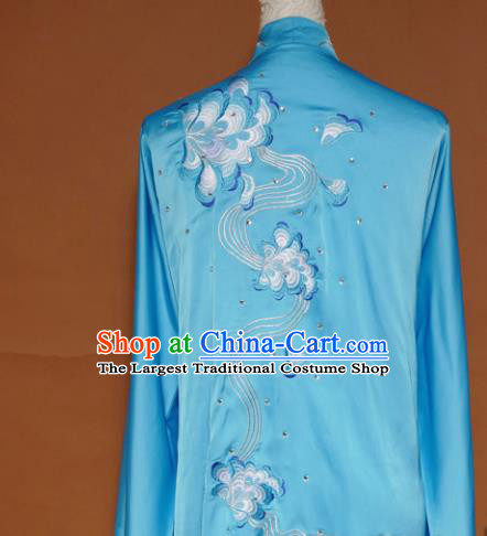 Top Tai Ji Training Embroidered Peony Blue Uniform Kung Fu Group Competition Costume for Women