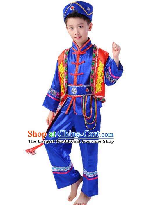 Chinese Traditional Ethnic Costume Wa Nationality Folk Dance Royalblue Clothing for Kids