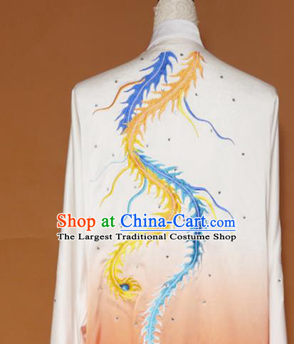 Top Tai Ji Training Embroidered Phoenix Orange Uniform Kung Fu Group Competition Costume for Women