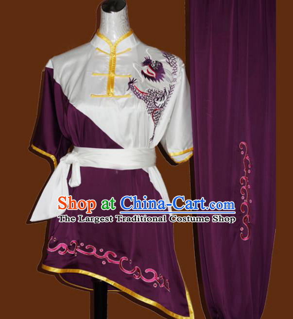 Top Grade Kung Fu Embroidered Purple Costume Chinese Tai Chi Martial Arts Training Uniform for Adults