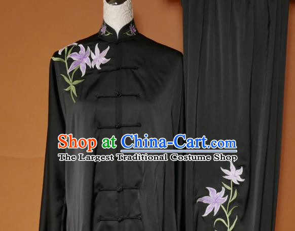 Top Tai Ji Training Embroidered Orchid Black Uniform Kung Fu Group Competition Costume for Women