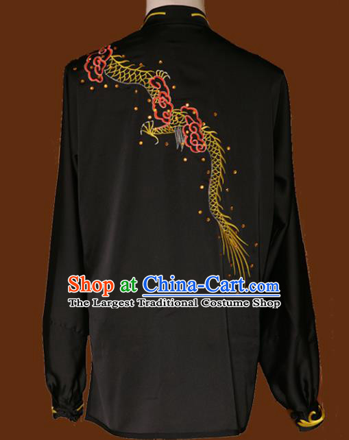 Top Grade Kung Fu Embroidered Dragon Black Costume Chinese Tai Chi Martial Arts Training Uniform for Adults
