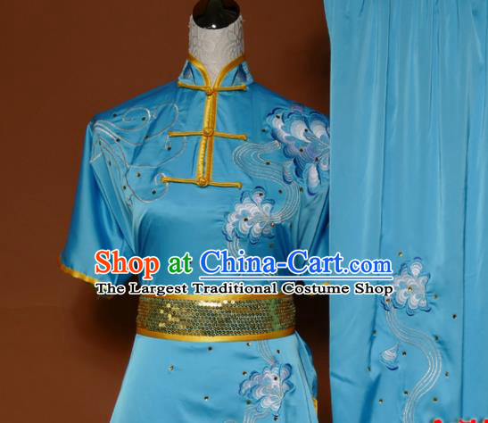 Top Martial Arts Training Embroidered Blue Uniform Kung Fu Group Competition Costume for Women