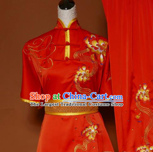 Top Martial Arts Training Embroidered Red Uniform Kung Fu Group Competition Costume for Women