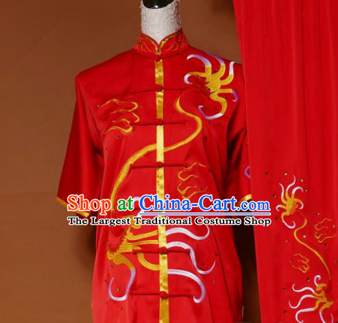 Top Kung Fu Group Competition Costume Martial Arts Wushu Embroidered Red Uniform for Men
