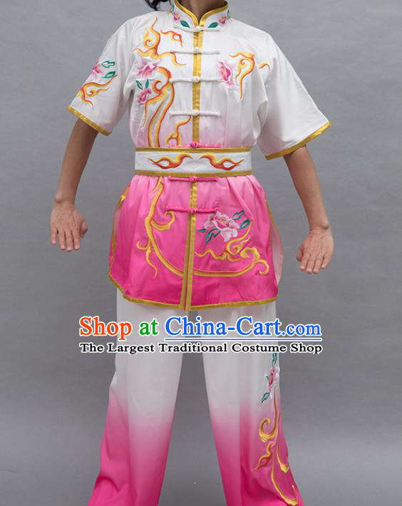 Top Group Kung Fu Costume Tai Ji Training Embroidered Peony Pink Uniform Clothing for Women