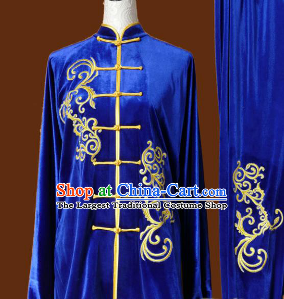 Top Kung Fu Group Competition Costume Martial Arts Wushu Blue Velvet Uniform for Men