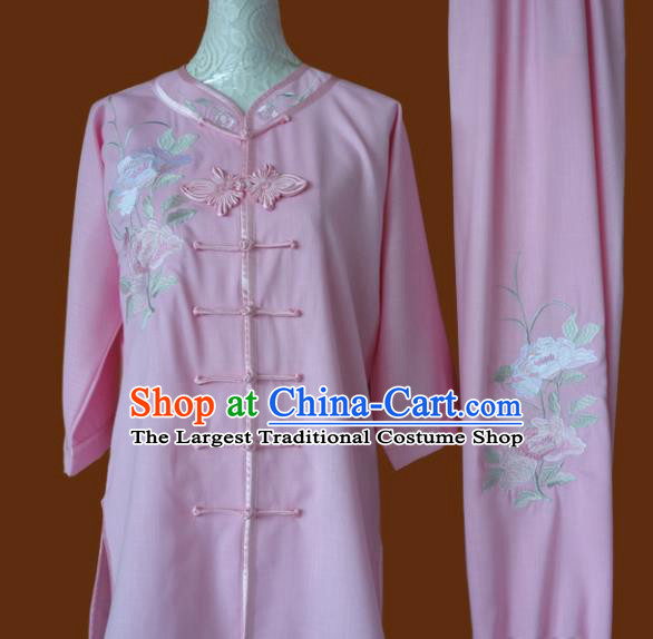 Chinese Traditional Tai Chi Embroidered Pink Uniform Kung Fu Group Competition Costume for Women