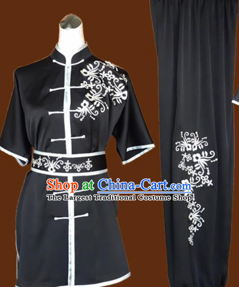 Chinese Traditional Martial Arts Embroidered Black Uniform Kung Fu Group Competition Costume for Women