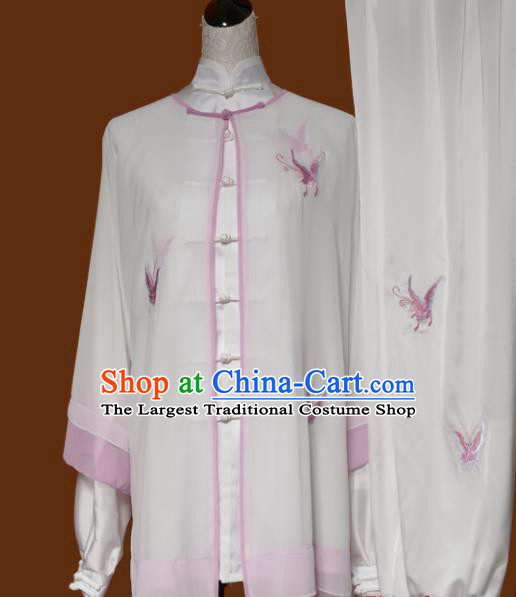 Chinese Traditional Tai Chi Embroidered Butterfly White Uniform Kung Fu Group Competition Costume for Women