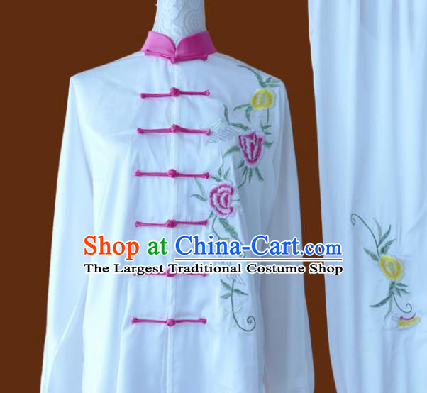 Chinese Traditional Tai Chi Embroidered Peony White Uniform Kung Fu Group Competition Costume for Women