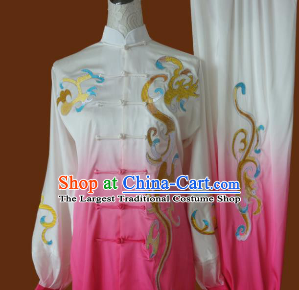 Top Grade Kung Fu Embroidered Pink Tai Ji Costume Chinese Martial Arts Training Uniform for Adults
