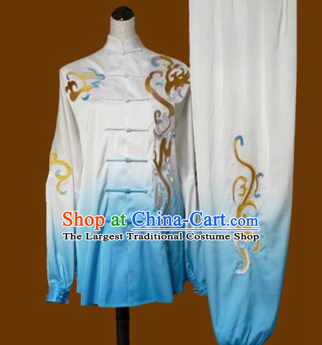 Top Grade Kung Fu Embroidered Blue Tai Ji Costume Chinese Martial Arts Training Uniform for Adults
