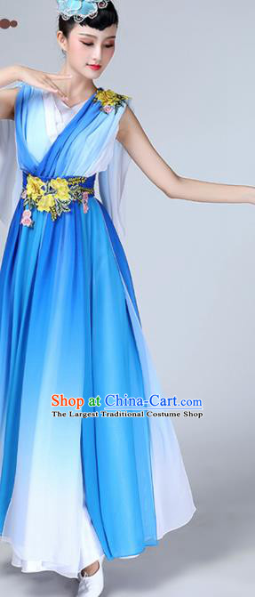 Chinese Traditional Stage Performance Chorus Costume Classical Dance Blue Veil Dress for Women
