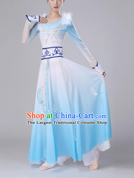 Chinese Traditional Ethnic Stage Performance Classical Dance Costume Umbrella Dance Blue Dress for Women