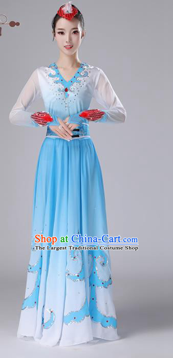 Chinese Traditional Ethnic Stage Performance Costume Classical Dance Umbrella Dance Blue Dress for Women