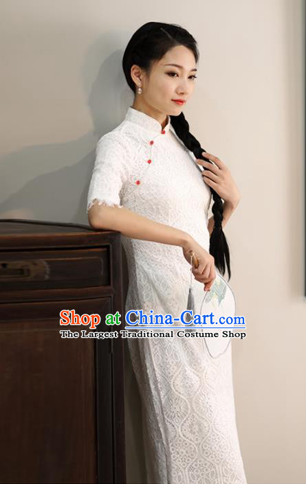 Chinese National Costume Traditional Classical Cheongsam White Lace Qipao Dress for Women