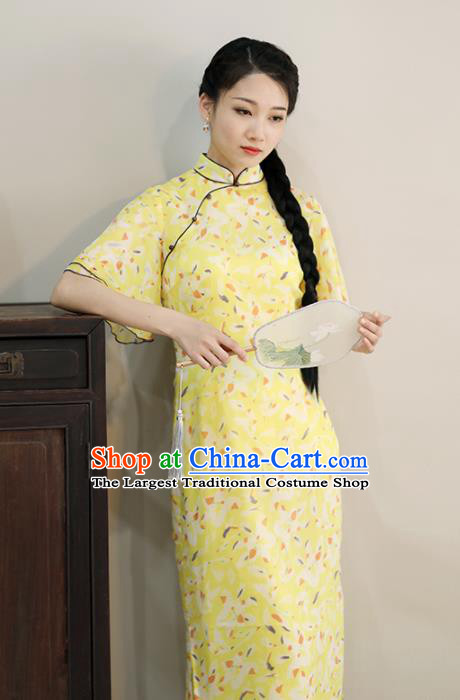 Chinese National Costume Traditional Classical Cheongsam Printing Yellow Qipao Dress for Women