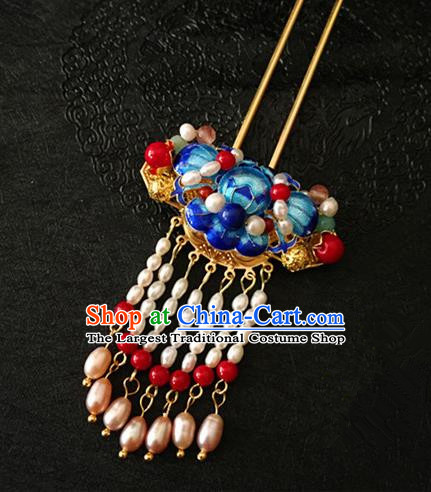 Chinese Ancient Handmade Palace Pearls Tassel Blueing Hairpins Traditional Classical Hair Accessories for Women
