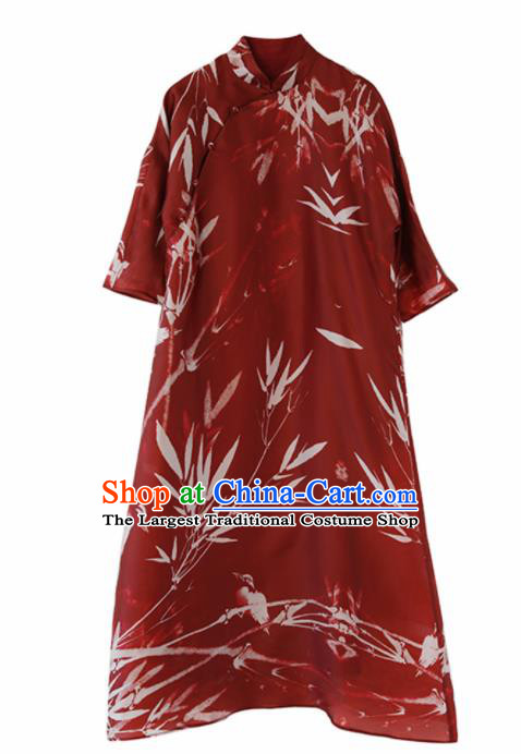 Chinese National Costume Traditional Cheongsam Classical Printing Bamboo Red Qipao Dress for Women