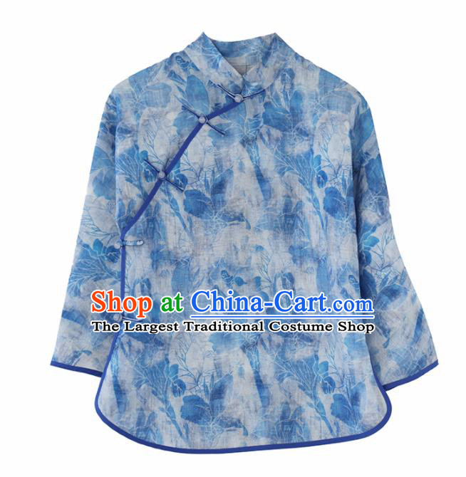 Chinese National Costume Traditional Classical Cheongsam Printing Blue Blouse for Women