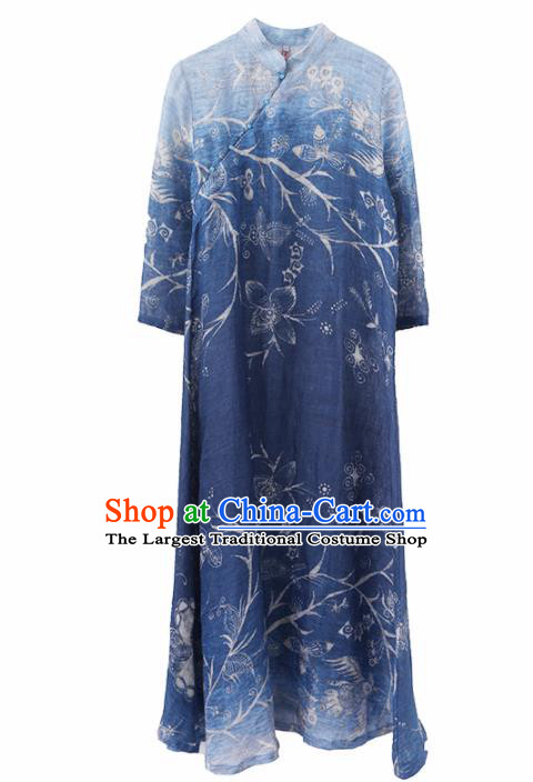 Chinese National Costume Traditional Cheongsam Classical Printing Navy Qipao Dress for Women