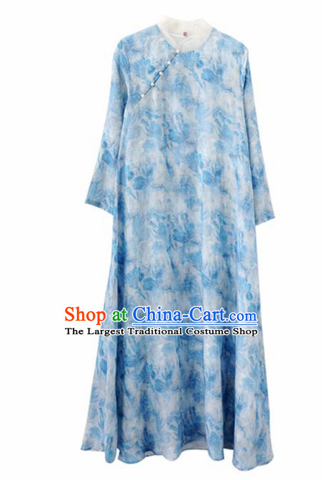 Chinese National Costume Traditional Cheongsam Classical Printing Light Blue Qipao Dress for Women