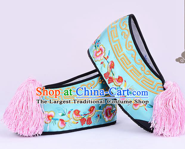 Professional Chinese Beijing Opera Actress Shoes Ancient Princess Blue Embroidered Shoes for Women