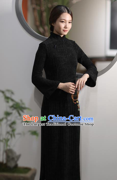Chinese National Costume Traditional Cheongsam Classical Black Qipao Dress for Women