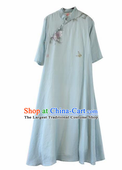 Chinese National Costume Traditional Cheongsam Classical Printing Peony Blue Qipao Dress for Women