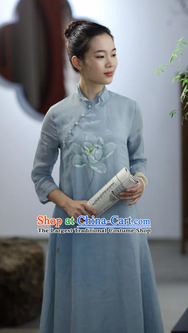 Chinese National Costume Traditional Cheongsam Classical Printing Lotus Blue Qipao Dress for Women