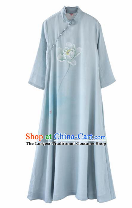 Chinese National Costume Traditional Cheongsam Classical Printing Lotus Blue Qipao Dress for Women