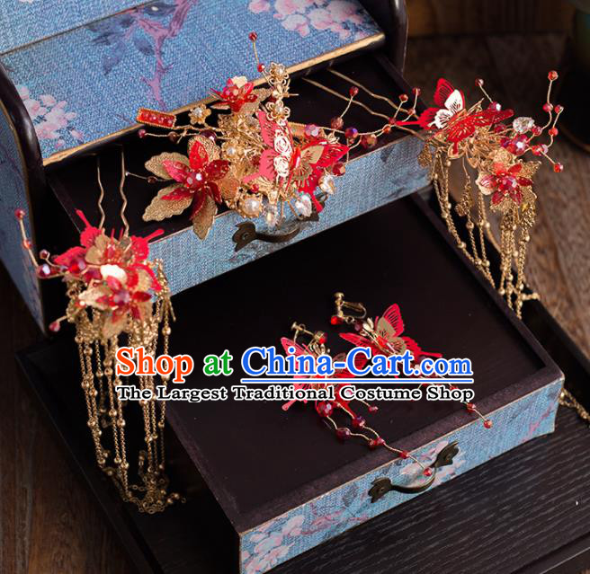 Chinese Ancient Handmade Red Butterfly Hair Crown Bride Tassel Hairpins Traditional Classical Wedding Hair Accessories for Women