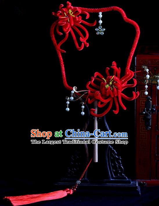 Chinese Handmade Classical Palace Fans Wedding Bride Accessories Red Chrysanthemum Round Fan for Women