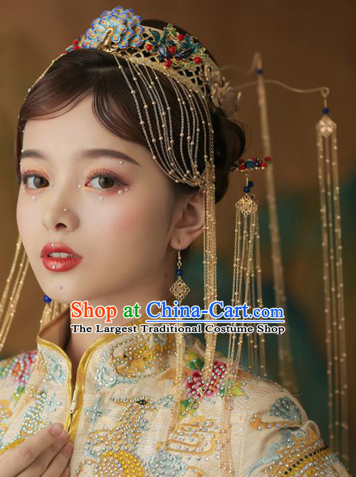 Chinese Ancient Cloisonne Peacock Phoenix Coronet Bride Hairpins Traditional Wedding Hair Accessories for Women