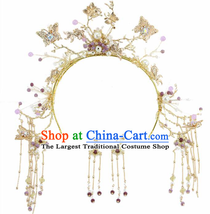 Chinese Ancient Crystal Butterfly Phoenix Coronet Bride Hairpins Traditional Wedding Hair Accessories for Women