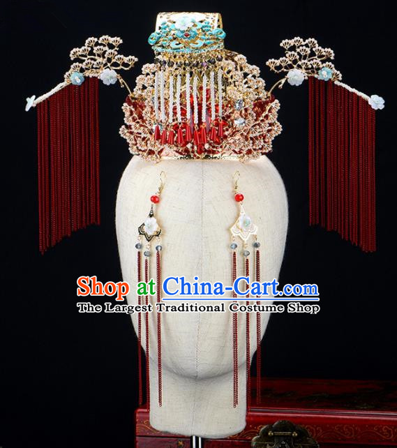 Chinese Ancient Handmade Bride Hairpins Traditional Red Tassel Phoenix Coronet Wedding Hair Accessories for Women