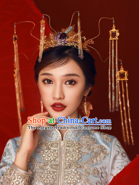 Chinese Ancient Bride Hairpins Golden Tassel Phoenix Coronet Traditional Hair Accessories Headdress for Women