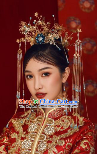Chinese Ancient Bride Hairpins Golden Butterfly Tassel Phoenix Coronet Traditional Hair Accessories Headdress for Women