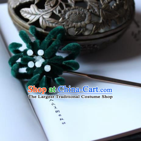 Top Grade Chinese Ancient Palace Deep Green Velvet Chrysanthemum Hairpins Traditional Hair Accessories Headdress for Women