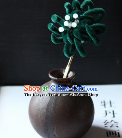 Top Grade Chinese Ancient Palace Deep Green Velvet Chrysanthemum Hairpins Traditional Hair Accessories Headdress for Women