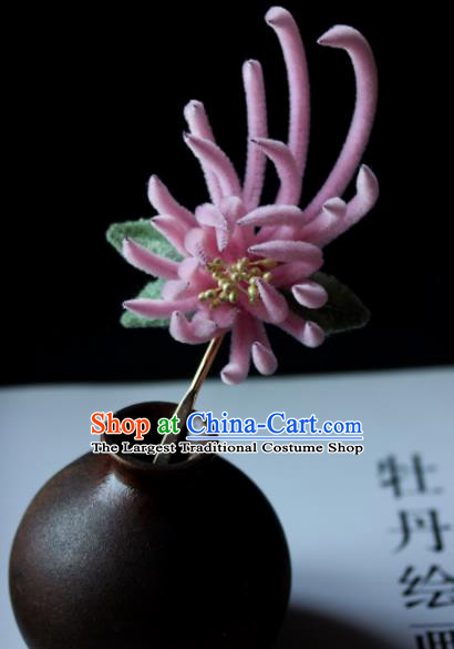 Top Grade Chinese Ancient Palace Pink Velvet Chrysanthemum Hairpins Traditional Hair Accessories Headdress for Women