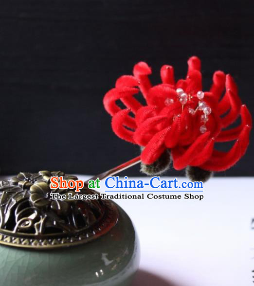 Top Grade Chinese Ancient Palace Red Velvet Chrysanthemum Hairpins Traditional Hair Accessories Headdress for Women