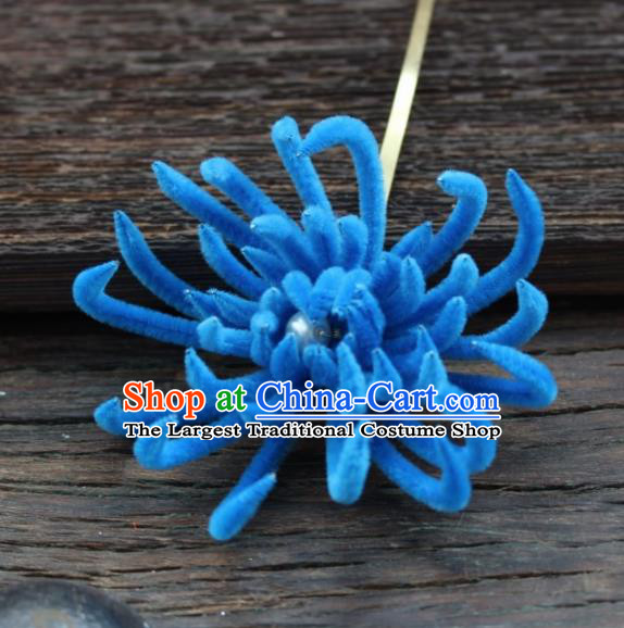 Top Grade Chinese Ancient Palace Queen Royalblue Velvet Chrysanthemum Hairpins Traditional Hair Accessories Headdress for Women