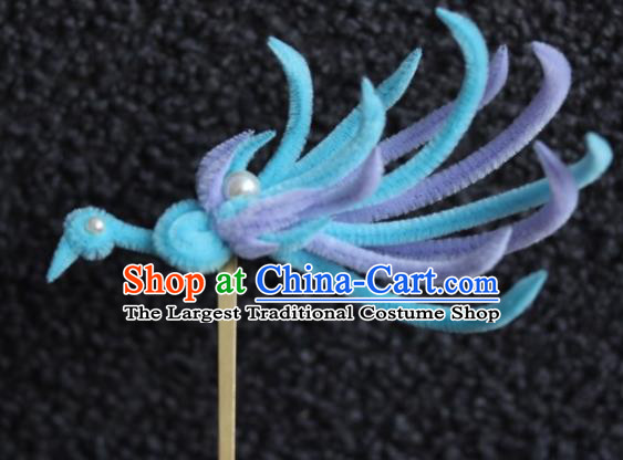 Top Grade Chinese Ancient Palace Queen Blue Velvet Phoenix Hairpins Traditional Hair Accessories Headdress for Women