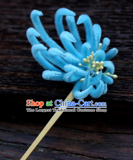 Top Grade Chinese Ancient Palace Queen Blue Velvet Chrysanthemum Hairpins Traditional Hair Accessories Headdress for Women