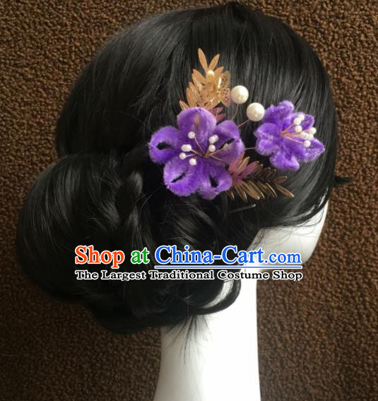 Top Grade Chinese Ancient Queen Purple Velvet Flower Hairpins Traditional Hair Accessories Headdress for Women