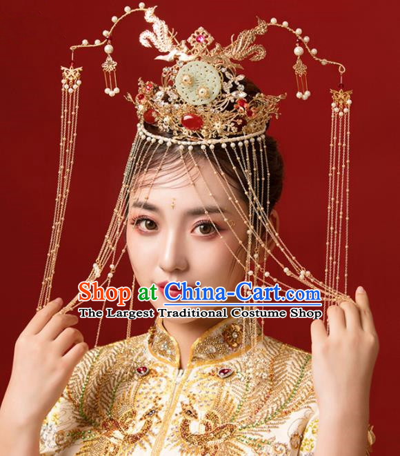 Chinese Ancient Bride Jade Phoenix Coronet Hairpins Traditional Wedding Hair Accessories for Women