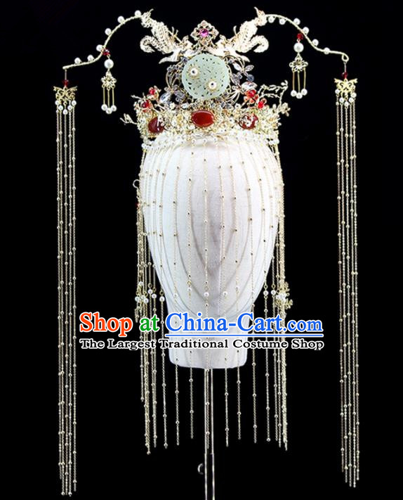 Chinese Ancient Bride Jade Phoenix Coronet Hairpins Traditional Wedding Hair Accessories for Women